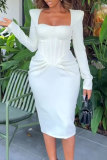 Cream White Daily Elegant College Patchwork Fold Solid Color Square Collar Long Sleeve Dresses