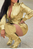 Золотые сексуальные уличные однотонные лоскутные плиссированные платья с V-образным вырезом (без сапог)