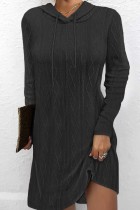 ブラック カジュアル ソリッド ベーシック フード付き カラー ロング スリーブ ドレス