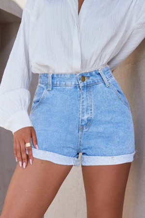 Baby Blue Casual Solid Patchwork High Waist Regular Denim Cuffed Shorts