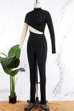 Schwarze, sexy, lässige, solide, ausgehöhlte, asymmetrische, schmale Rollkragen-Jumpsuits