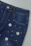 Gonne di jeans regolari a vita alta con perle patchwork casual blu scuro