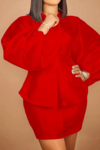 Red Casual Solid Patchwork Slit V Neck Long Sleeve Two Pieces
