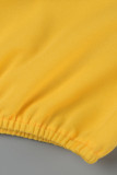 Amarillo fluorescente Casual Patchwork liso Bolsillo Volante Cuello en V Manga corta Dos piezas