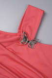 Rosafarbenes, lässiges, einfarbiges, asymmetrisches, langes Kleid mit V-Ausschnitt und Kleider in Übergröße