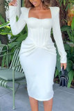 Cream White Daily Elegant College Patchwork Fold Solid Color Square Collar Long Sleeve Dresses