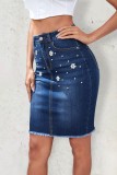 Темно-синие повседневные джинсовые юбки с жемчугом и высокой талией в стиле пэчворк