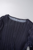 ブルーカジュアル段階変化プリントパッチワークOネック長袖ドレス(ベルトなし)