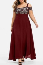 Burgunderfarbenes, legeres, solides Patchwork-Kleid mit quadratischem Kragen und langem Kleid in Übergröße
