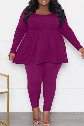 Violet Casual Solid Patchwork O Neck Plus Size Two Pieces