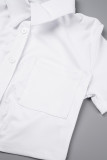 ホワイト セクシー ソリッド パッチワーク バックル フォールド ターンダウン カラー 半袖 XNUMX 枚 (シャトレーヌは含まれません)
