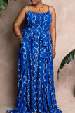 Blue Sweet Print Patchwork Pocket With Belt Spaghetti Strap Long Dress Plus Size Dresses