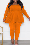 Tangerine Red Casual Solid Patchwork O Neck Plus Size Two Pieces