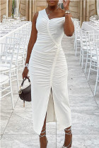 Vestido irregular blanco casual dulce de retazos lisos con abertura y pliegue con cuello en V Vestidos