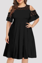 Vestido preto casual sólido patchwork com decote em O e manga curta vestidos tamanho grande