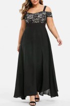 Schwarzes, lässiges, solides Patchwork-Kleid mit quadratischem Kragen und langem Kleid in Übergröße