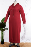 バーガンディ カジュアル ソリッド パッチワーク スリット フード付きカラー プラス サイズ ドレス