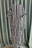 Black Casual Striped Print Patchwork V Neck Long Dress Dresses