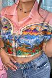 Pink Sexy Print Patchwork POLO collar T-Shirts