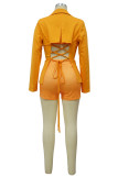 Tangerine Red Street Solid Bandage Patchwork Buttons Turn-back Collar Outerwear
