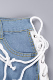 Azul claro sexy sólido rasgado bolso botões tiras cruzadas zíper regular cintura baixa cor sólida bottoms