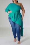 Blue Casual Solid Backless Oblique Collar Plus Size Tops
