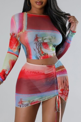 Colour Casual Print Basic O Neck Long Sleeve Two Pieces
