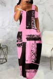 Roze casual print uitgeholde vierkante kraag lange jurkjurken