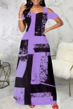 Pink Casual Print Hollowed Out Square Collar Long Dress Dresses