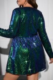 Champagne Casual Patchwork Sequins V Neck Long Sleeve Plus Size Dresses