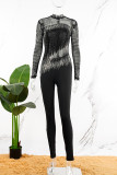Zwarte elegante effen patchwork mesh hot-boor skinny jumpsuits met col