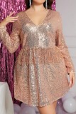 Champagne Casual Patchwork Sequins V Neck Long Sleeve Plus Size Dresses