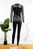 Zwarte elegante effen patchwork mesh hot-boor skinny jumpsuits met col