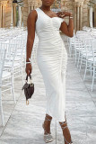 White Casual Sweet Solid Patchwork Slit Fold V Neck Irregular Dress Dresses
