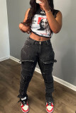 Schwarze Street College Solid Patchwork-Jeans mit Taschenknöpfen, Reißverschluss und mittlerer Taille