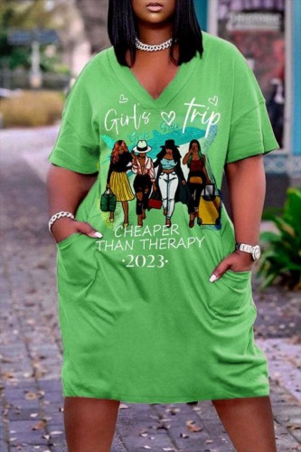 Green Casual Print Basic V Neck Short Sleeve Dress