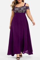 Purple Casual Solid Patchwork Square Collar Long Dress Plus Size Dresses