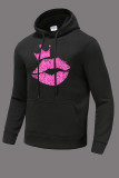 Black Street Lips Printed Patchwork Draw String Pocket Hooded Collar Tops