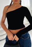 Black Casual Solid Backless Asymmetrical Oblique Collar Tops