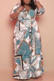 Mehrfarbiges, lässiges, bedrucktes Frenulum-Langkleid mit V-Ausschnitt und Kleider in Übergröße