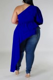 Green Casual Solid Backless Oblique Collar Plus Size Tops