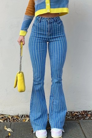 Blue Casual Striped Patchwork High Waist Flare Leg Skinny Denim Jeans