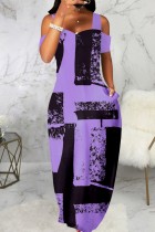 Фиолетовые повседневные длинные платья с квадратным воротником и принтом
