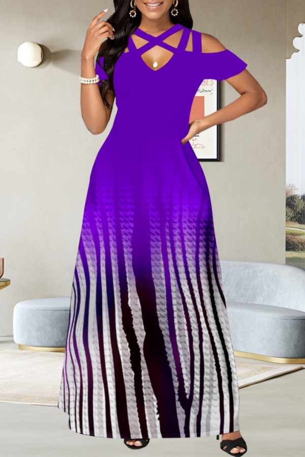 Пурпурные повседневные платья с длинными рукавами и V-образным вырезом с принтом