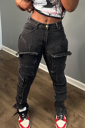Black Street College Solid Patchwork Pocket Buttons Zipper Mid Waist Regular Cargo Denim Jeans