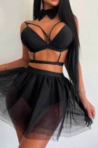 Black Sexy Solid Patchwork See-through Backless Lingerie Three Piece Set