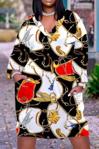 White Black Casual Print Basic V Neck Long Sleeve Dresses