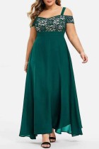 Grünes, lässiges, solides Patchwork-Kleid mit quadratischem Kragen und langem Kleid in Übergröße