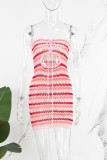 Roze sexy straatruit gestreept uitgehold patchwork frenulum rugloze print strapless wikkelrokjurken