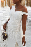 Weiße, lässige, süße, solide Patchwork-Schlitzfalte mit V-Ausschnitt und unregelmäßigem Kleid